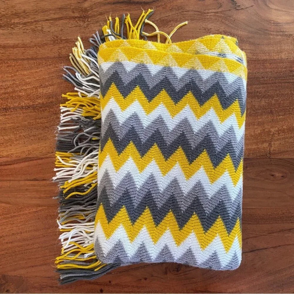 Urban Barn Other - Urban  Barn Chevron Grey White Yellow Acrylic Knit Throw Blanket with Tassels